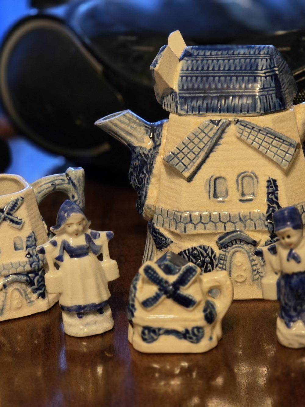 Blue and White Ceramic Dutch Windmill Teapot Set Vintage